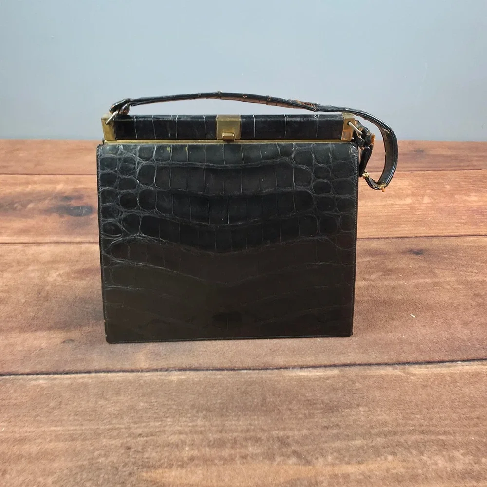 Bellestone Handbag Womens Medium Black Fair Vintage Crocodile Top Handle Bag
